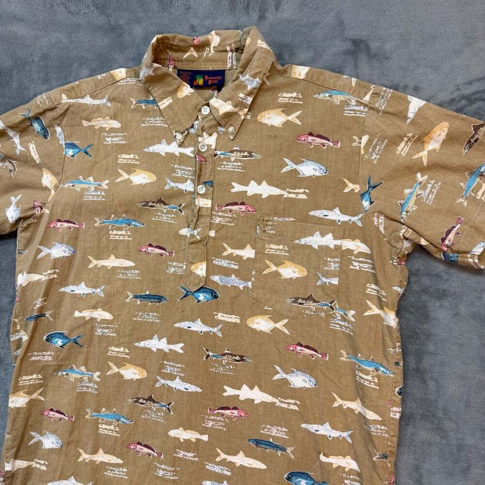 Roundy Bay Fish All Over Fishing Shirt Size L Brown Cotton